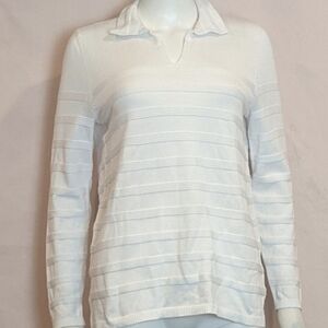 Edinburgh Knitwear Textured Stripe Long Sleeve Collared Tee in White size Medium